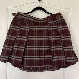 Disturbia Burgundy and Gray Plaid Pleated Skirt with Buckle Details